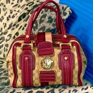 Classic Satchel Red Leather Trim & Beige Canvas